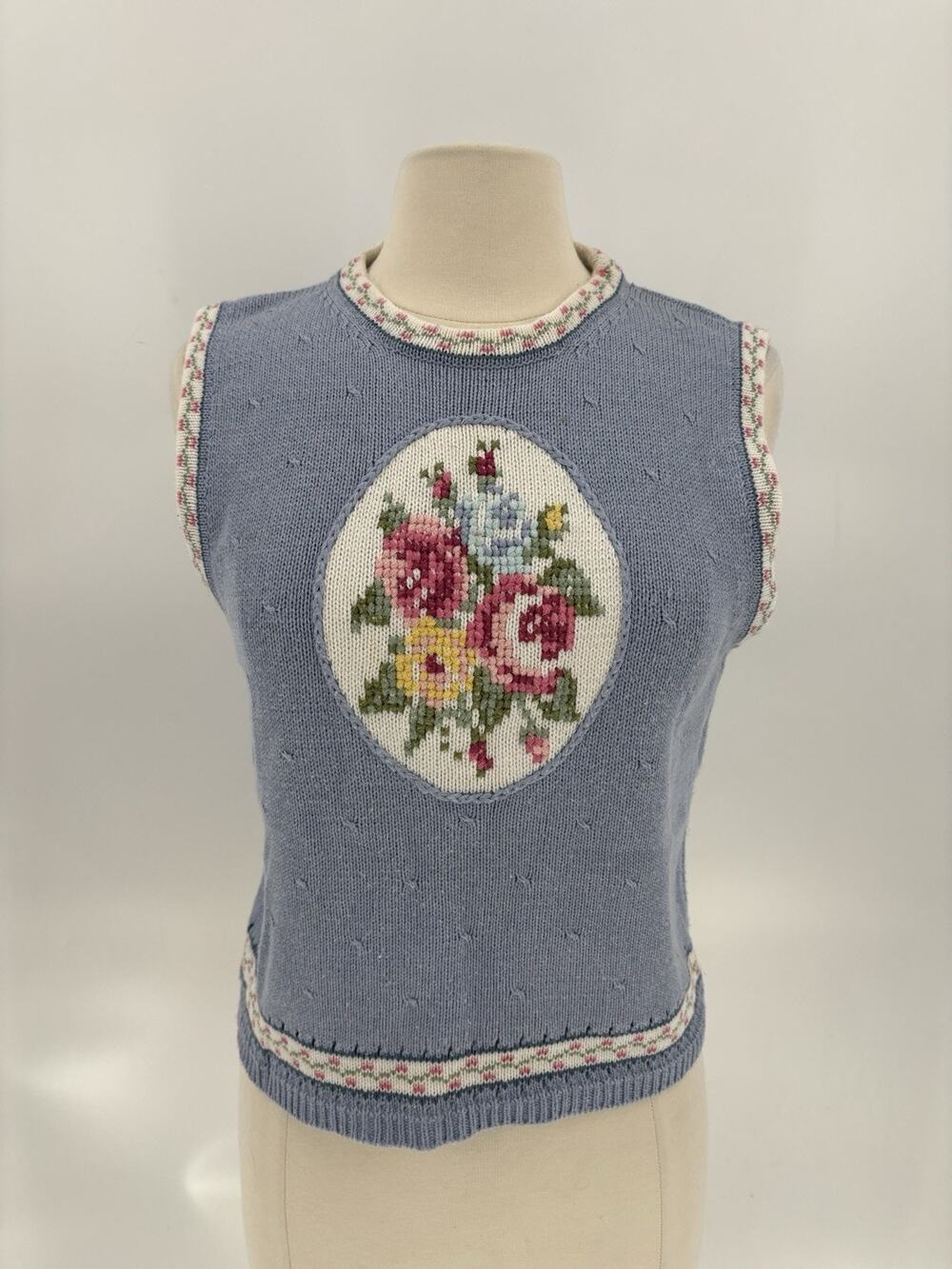 Vintage Susan Bristol Sweater Vest Womens Small Blue 1989 Floral Crochet Knit